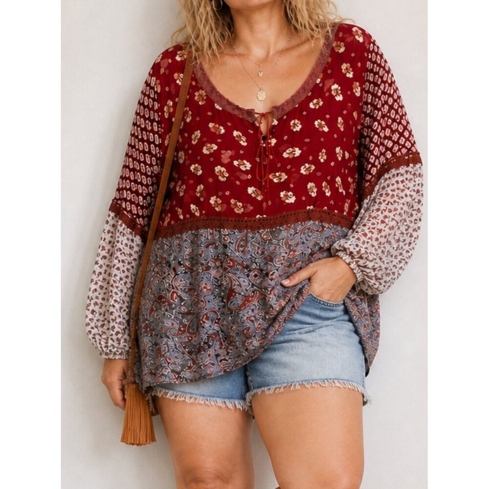 VTG Venezia Boho Peasant Top Size 18/20 Red Floral Paisley Y2K Festival Blouse
